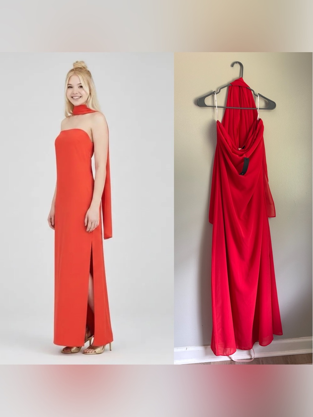 Lulu's Strapless Red-Orange Gown with Draped Scarf